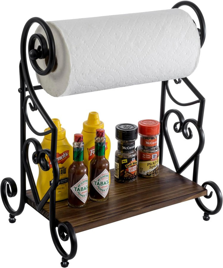 Black Metal Countertop Paper Towel Holder with Condiment Shel