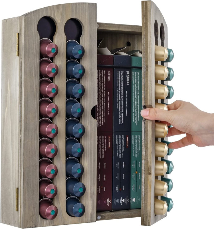 Gray Wood Wall Mounted Nespresso Coffee Pod Holder with Magnetic Door Panel, Storage Cabinet for Capsule Sleeves-MyGift