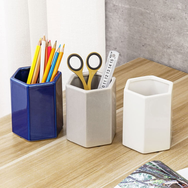 Set of 3, Hexagonal Multi-Colored Ceramic Desktop Pencil, Stationery Holders (White, Gray, Blue)-MyGift