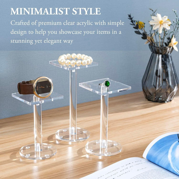 Premium Clear Acrylic Square Top Jewelry Display Risers, Commercial Retail Watch Showcase Stands, 3-Piece Set-MyGift