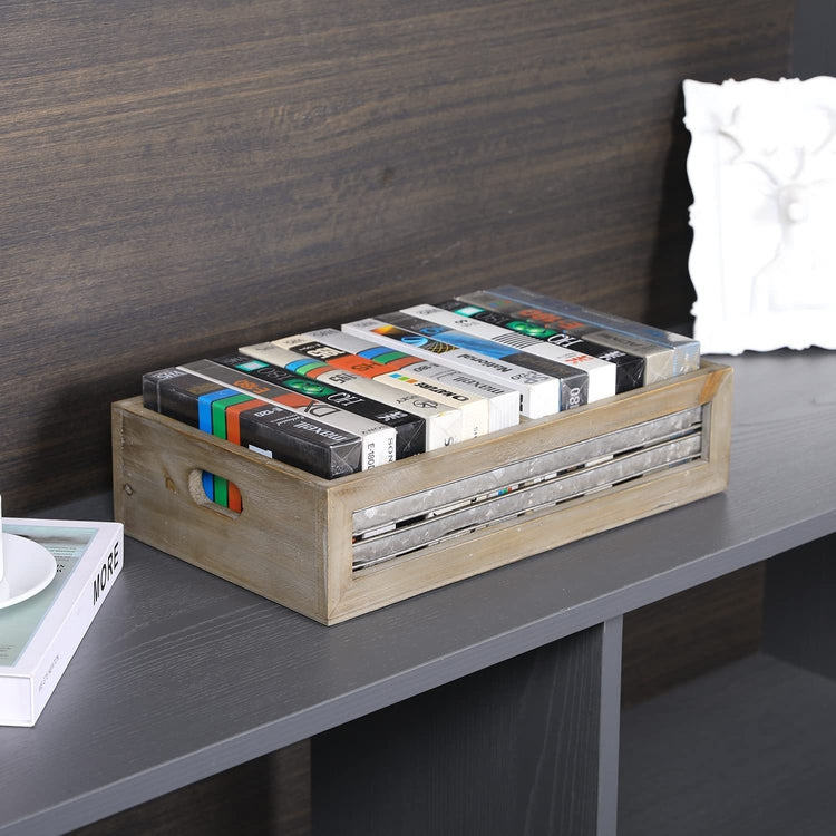 Brown Wood and Galvanized Metal Retro VHS Holder Video Tape Storage Organizer Decorative Crate-MyGift