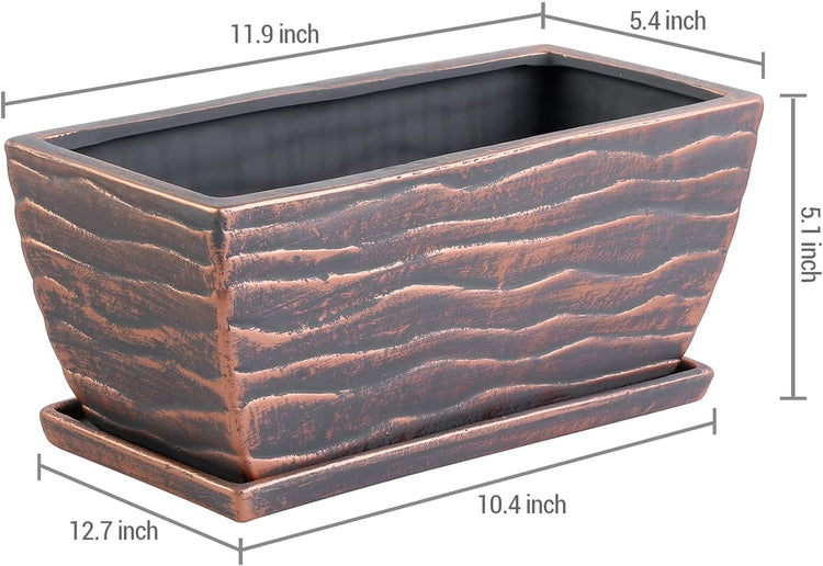 12 Inch Copper Ceramic Succulent Plant Pot, Drainage and Embossed Design, Window Box Planter with Removable Saucer Tray-MyGift