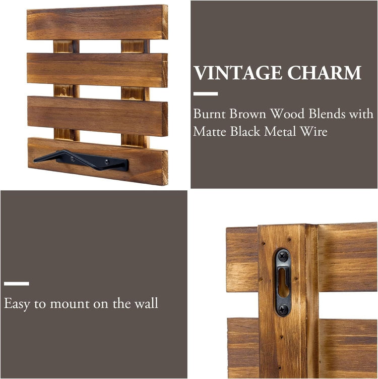 Wall Mounted Brown Wood and Black Metal Wire Plate Display Rack, Plate Holder, Set of 2-MyGift