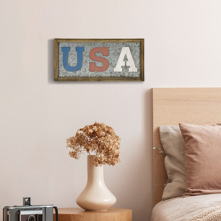 Galvanized Silver Metal and Reclaimed Style Wood Frame, Wall Art with Patriotic Red, White and Blue USA Cutout Letters-MyGift