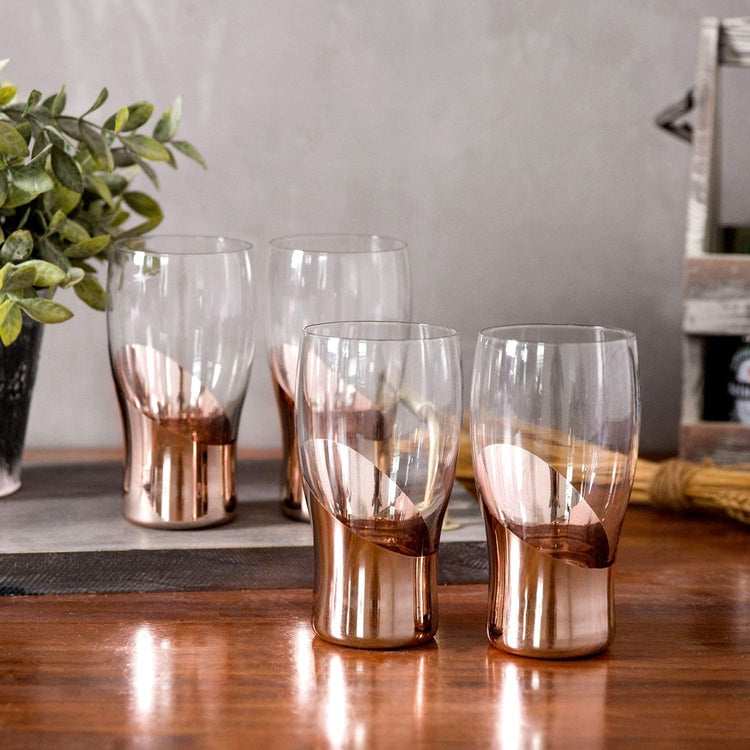 Set of 4, Modern Beer Pint Glasses 16 oz Drinking Glass with Copper Plated Design-MyGift