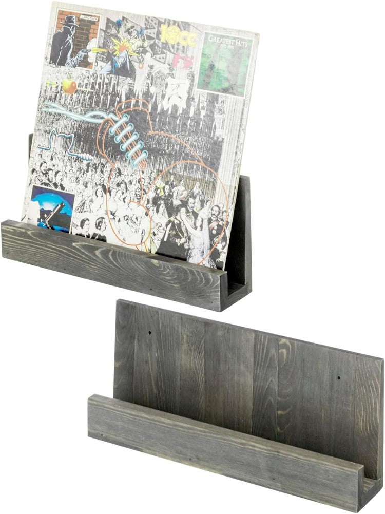Wall Mounted Vintage Weathered Gray Solid Wood Vinyl Record Album Storage Racks. Decorative Display Shelves, Set of 2-MyGift