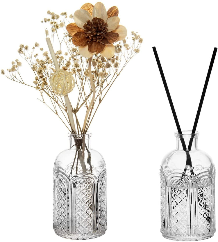 Set of 2, Embossed Clear Glass Decorative Reed Diffuser Bottle, Mini Tabletop Bud Vases-MyGift