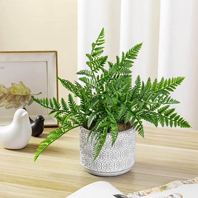 Fake House Plant, Artificial Boston Fern Potted in Embossed Concrete Planter Pot with Fillers-MyGift