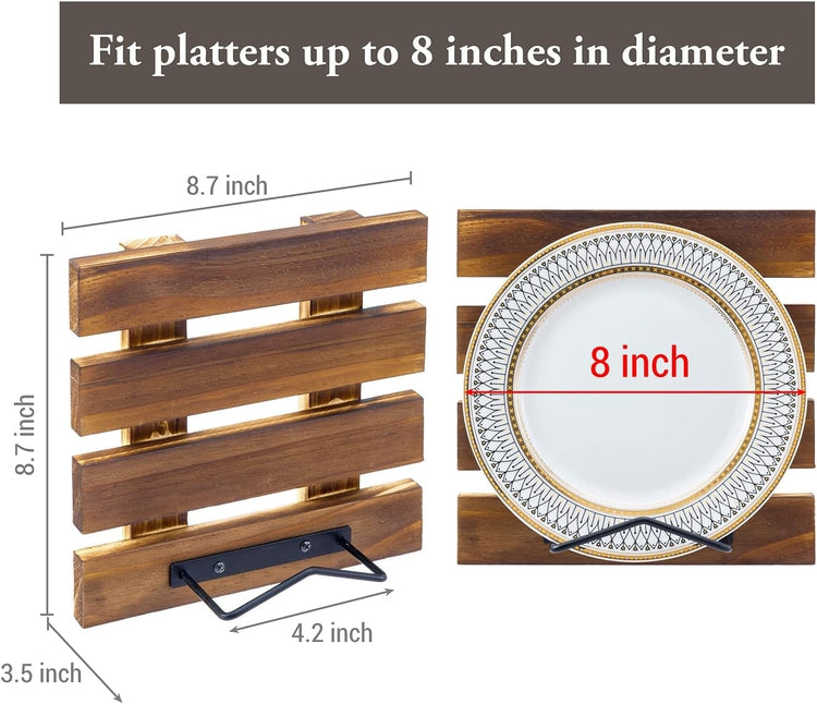 Wall Mounted Brown Wood and Black Metal Wire Plate Display Rack, Plate Holder, Set of 2-MyGift