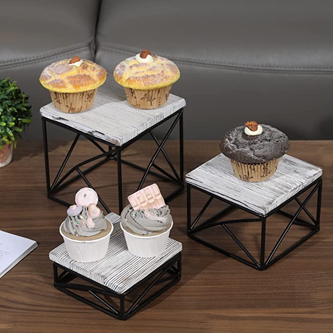 Cupcake Holder Stand with Rustic Whitewashed Wood Top and Geometric Black Metal Wire Base, Set of 3-MyGift