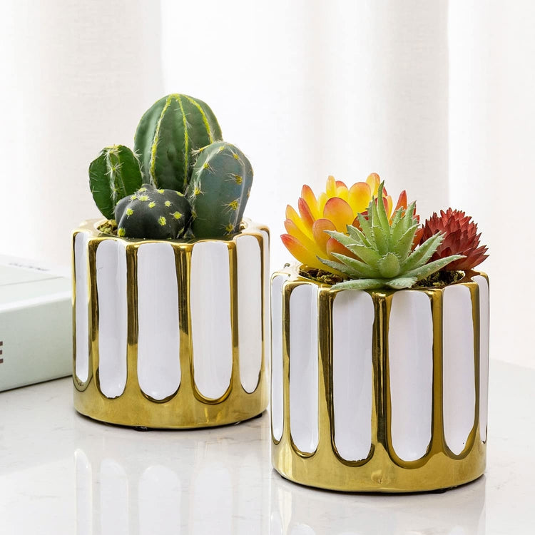 Set of 2, White and Gold Ceramic Fluted Planter Pot with Drainage Hole, Small Succulent Plant Container-MyGift
