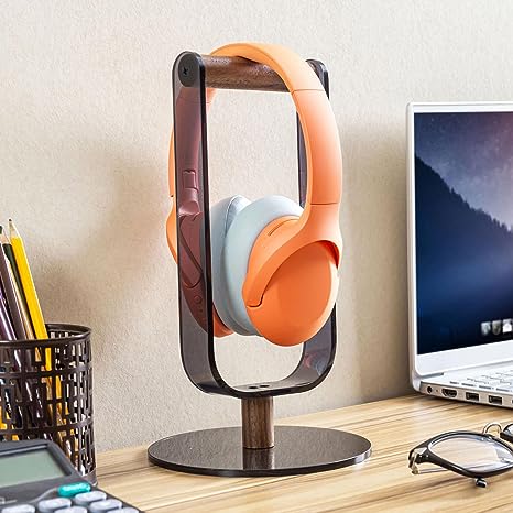 Desktop Black Acrylic and Wood Bar Headphone Stand, Tabletop Headset Cradle Rest-MyGift