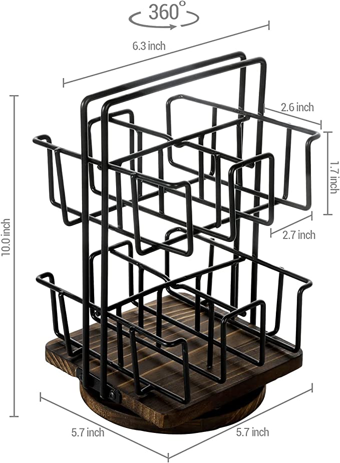8 Compartment Matte Black Metal Wire Tea Bag Holder with Rotating Burnt Wood Lazy Susan Base-MyGift