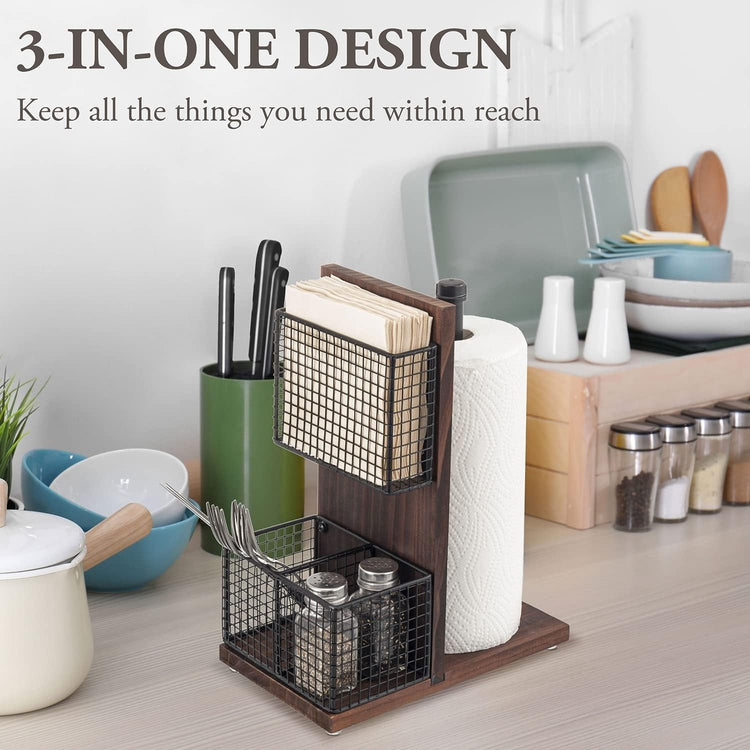 Dark Brown Wood and Black Metal Napkin Holders with Paper Towel Roll Stand and Spice Rack-MyGift