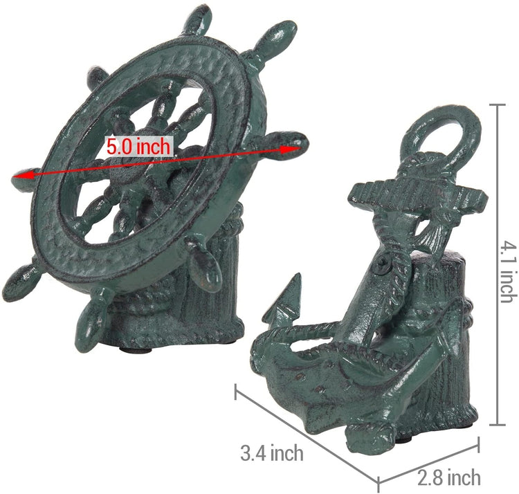 Teal Cast Iron Decorative Bookends with Nautical Sculptural Anchor and Helm Design, Heavy Duty Book Stand, 2 Piece Set-MyGift