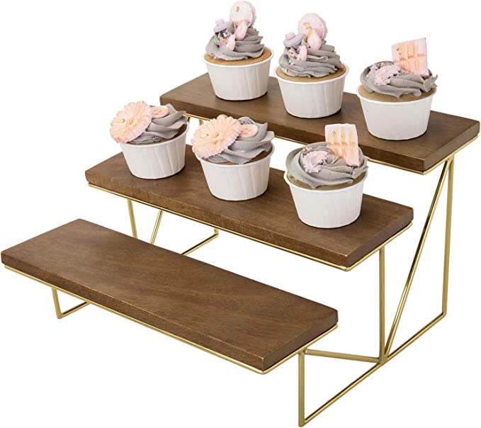 3 Tier Dark Brown Mango Wood Cupcake Display Stand with Brass Metal Frame-MyGift