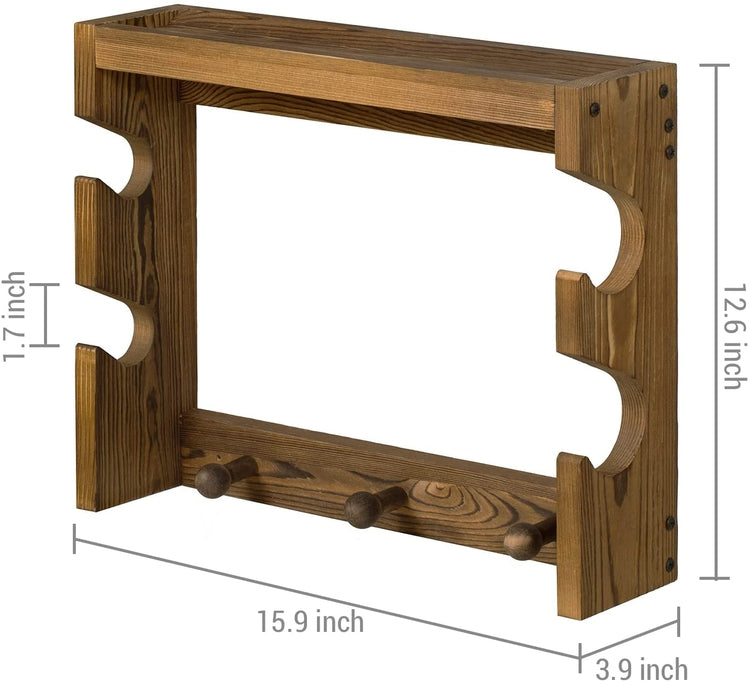 Dark Burnt Wood Wall Mounted Baseball Display Storage Rack with Bat Holder, Ball Tray Shelf and Cap Hanging Coat Hooks-MyGift