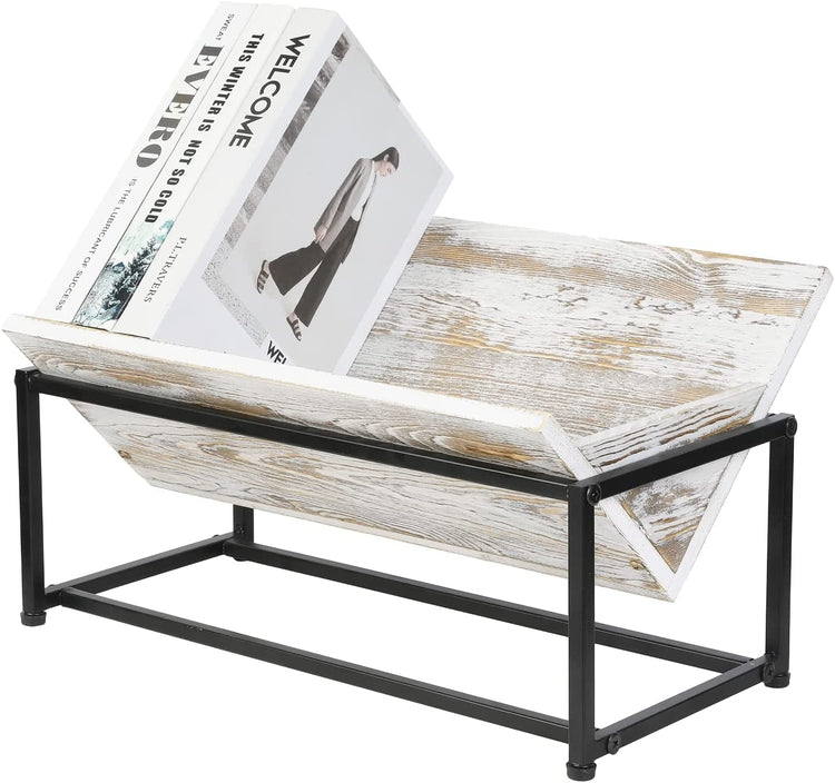 Tabletop Book Caddy, Whitewashed Wood and Black Metal Trough Style Desktop Bookshelf and Magazine Rack-MyGift