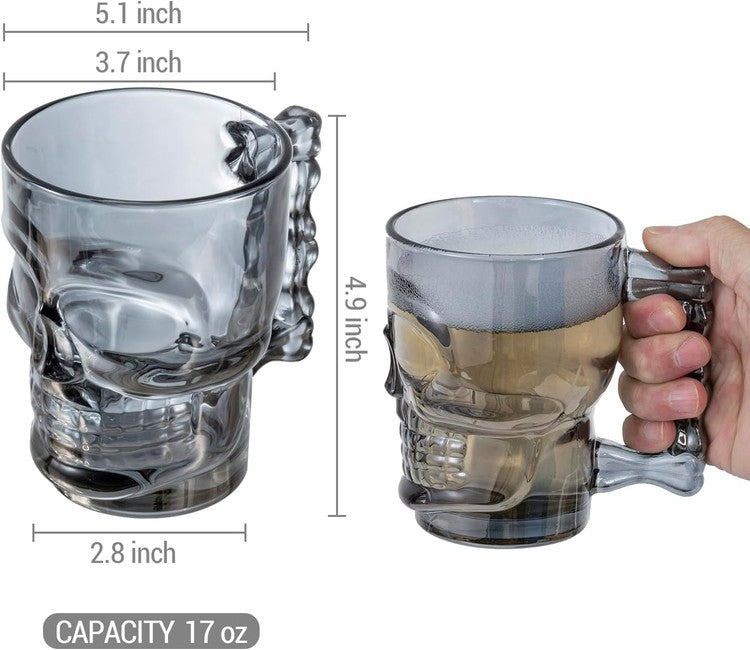 Translucent Smokey Glass Skull Beer Mugs, Halloween Drinking Glasses with Bone Handle, Set of 2-MyGift