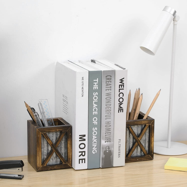 Burnt Wood Decorative Bookends, Wood and Galvanized Metal Desktop Book Stands with Pen Holder Storage Bins, 1 Pair-MyGift