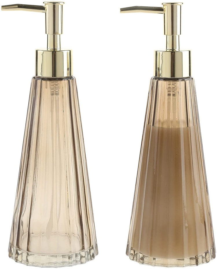 Set of 2, Smoked Glass and Brass Liquid Soap or Lotion Pump Dispenser with Vertical Ribbed Design-MyGift
