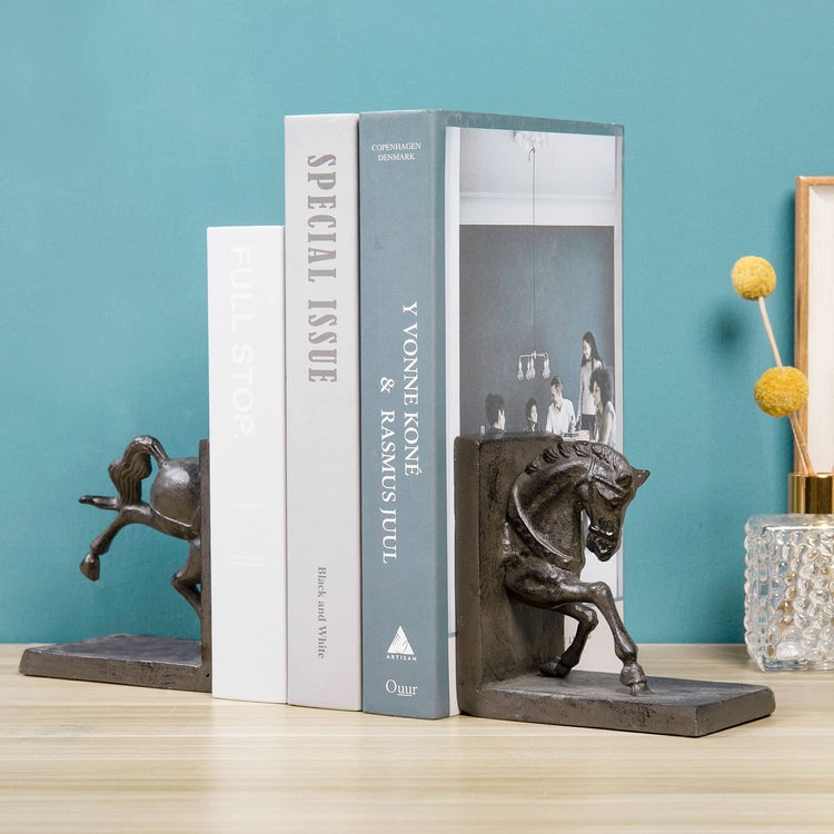 Dark Brown Cast Iron Bookends for Heavy Books, Vintage Style Cavalry War Horse Design Book Stand, 2 Piece Set-MyGift