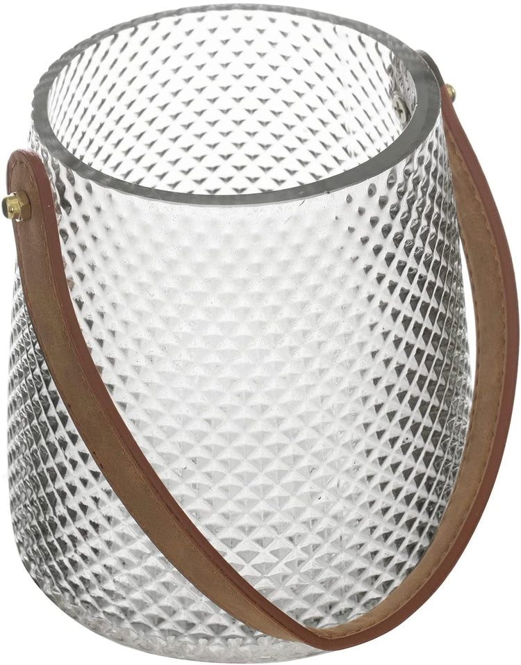 Artificial White Rose Bouquet Arrangement with Gray Tinted Diamond Embossed Glass Vase and Brown Leatherette Handle-MyGift