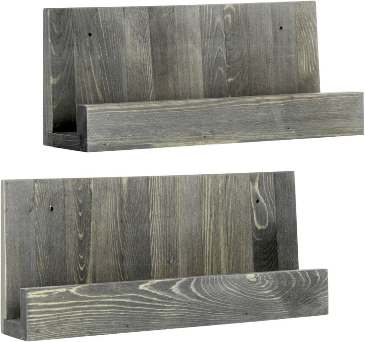 Wall Mounted Vintage Weathered Gray Solid Wood Vinyl Record Album Storage Racks. Decorative Display Shelves, Set of 2-MyGift