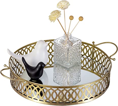 16 Inch Vintage Round Mirrored Brass Tone Metal Bathroom Vanity Tray-MyGift