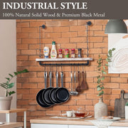 Ceiling Mounted Pot Rack with Industrial Matte Black Metal Pipe and Whitewashed Wood, Hanging Pots and Pan Organizer-MyGift