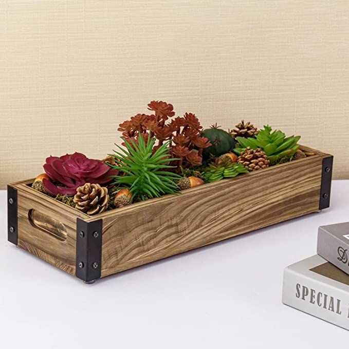 Brown Wood & Black Metal Tabletop Window Box Planter with Cutout Handles, Includes Artificial Succulents, Pine Cones, Acorns, and Moss-MyGift