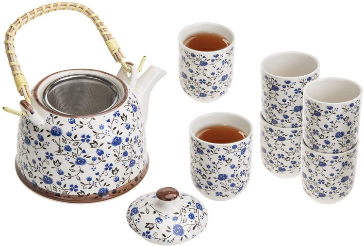 Blue Roses Japanese Tea Service Set with Teapot and Bamboo Top Handle, 1 Leaf Strainer and 6 Teacups-MyGift