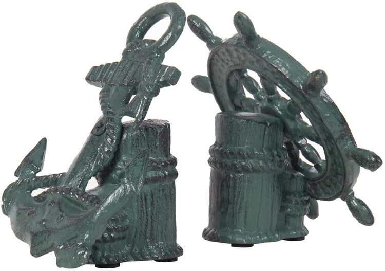 Teal Cast Iron Decorative Bookends with Nautical Sculptural Anchor and Helm Design, Heavy Duty Book Stand, 2 Piece Set-MyGift