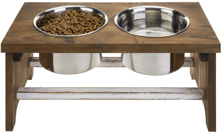 7 Inch Tall Burnt Wood Medium Dog Raised Feeder, Pet Food Stand with 2 Removable Stainless Steel Bowls-MyGift