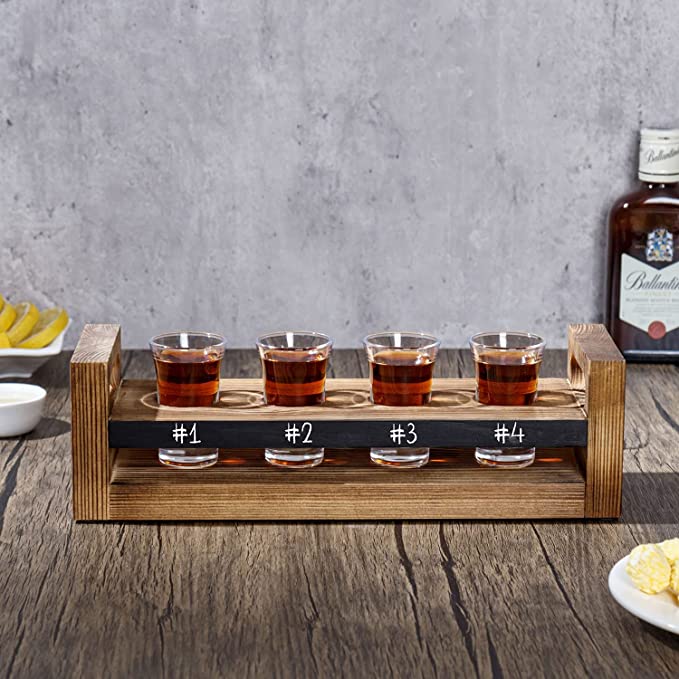 Flight Serving Caddy Set w/ Burnt Wood Tray, 4 Clear Shot Glasses and Chalkboard Label Panel-MyGift