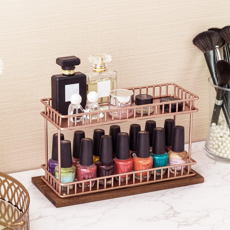 Copper Plated Metal Essential Oil Rack, Nail Polish Holder Double-Decker Storage Tray with Wood Base-MyGift