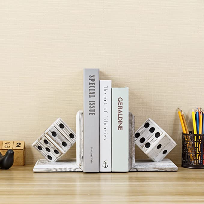 Vintage White Sturdy Book Stands, Decorative Bookends with Gaming Dice Sculpture, 1 Pair-MyGift