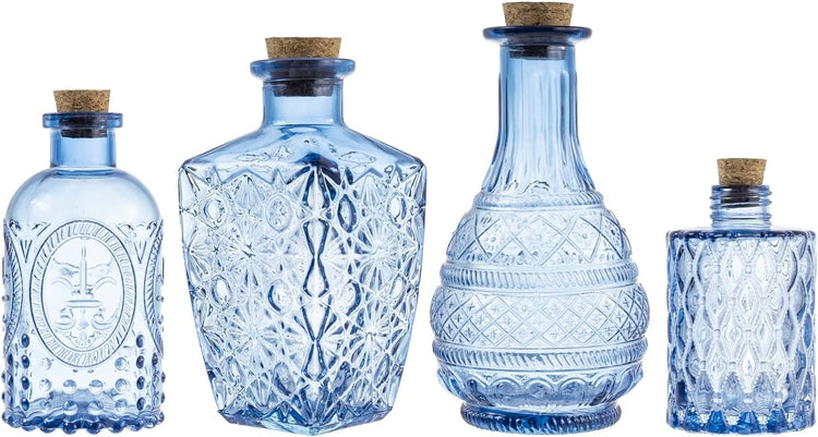 Set of 4, Small Blue Glass Reed Diffuser Bottles, Embossed Apothecary Style Flower Bud Vases with Cork Lids-MyGift