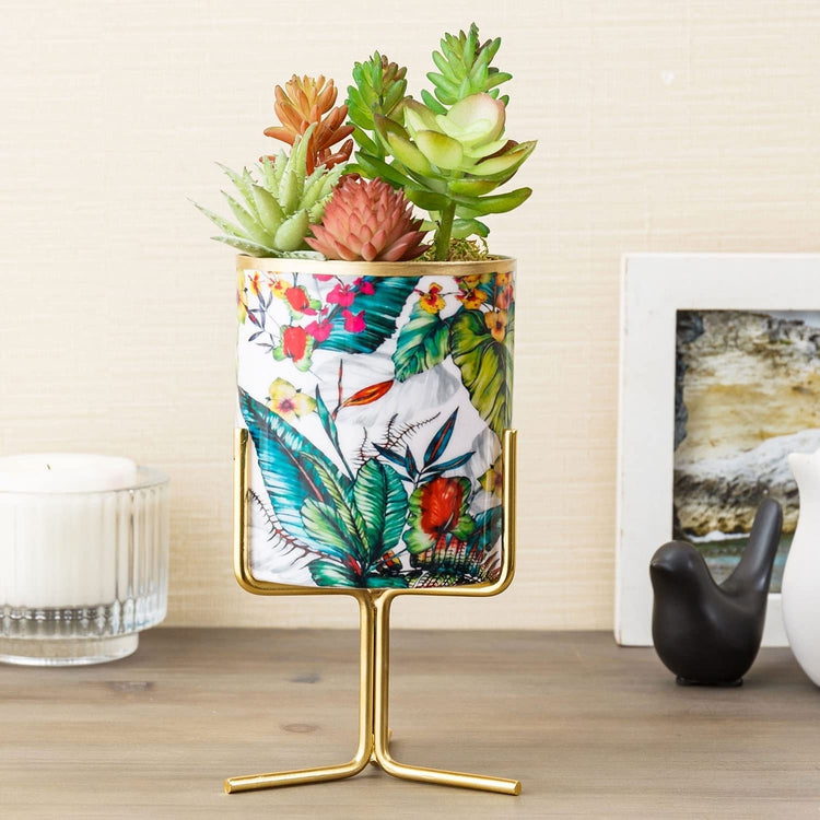 Luxurious Colorful Floral Pattern Fine Ceramic Mini Succulent Planter Pot with Brass Tone Metal Display Riser Stand-MyGift