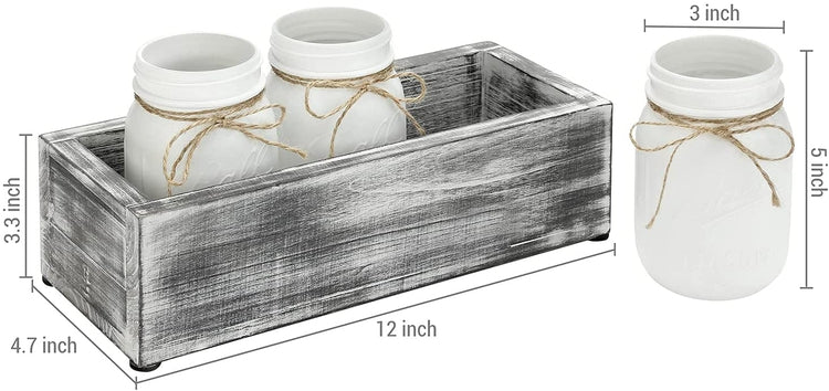 White Glass Mason Jars with Rustic String in Gray Whitewashed Wood Box-MyGift