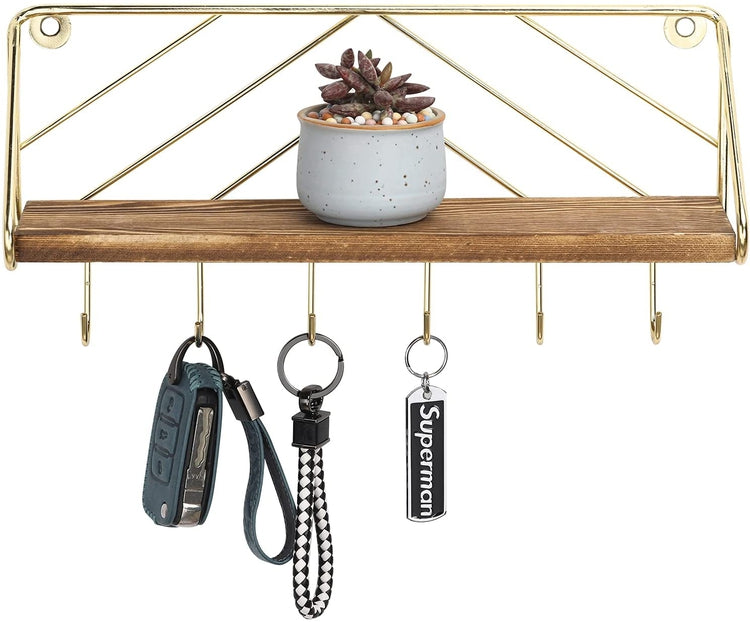 Brass Metal and Burnt Wood Entryway Key Holder Rack with 6 Hooks and Floating Display Shelf-MyGift