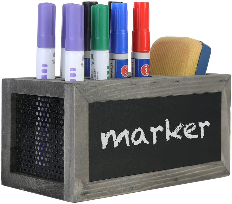 Wall Mounted Dry Erase Marker Storage Bin, Weathered Gray Wood Whitebo