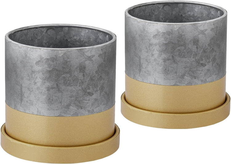 Set of 2, 4-inch Cylindrical Galvanized Metal and Gold-Tone Mini Succulent Planter Pots with Trays-MyGift