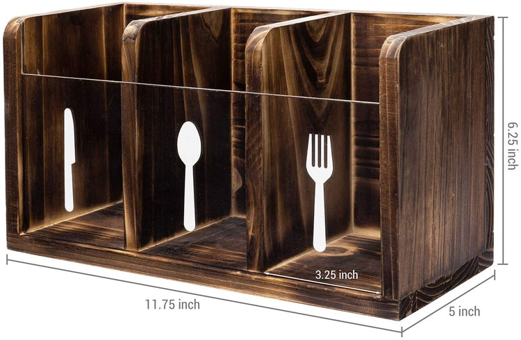 Torched Wood Flatware Caddy with Clear Acrylic Front Panel, Dining Utensils Holder, Cutlery Storage Organizer Bin-MyGift