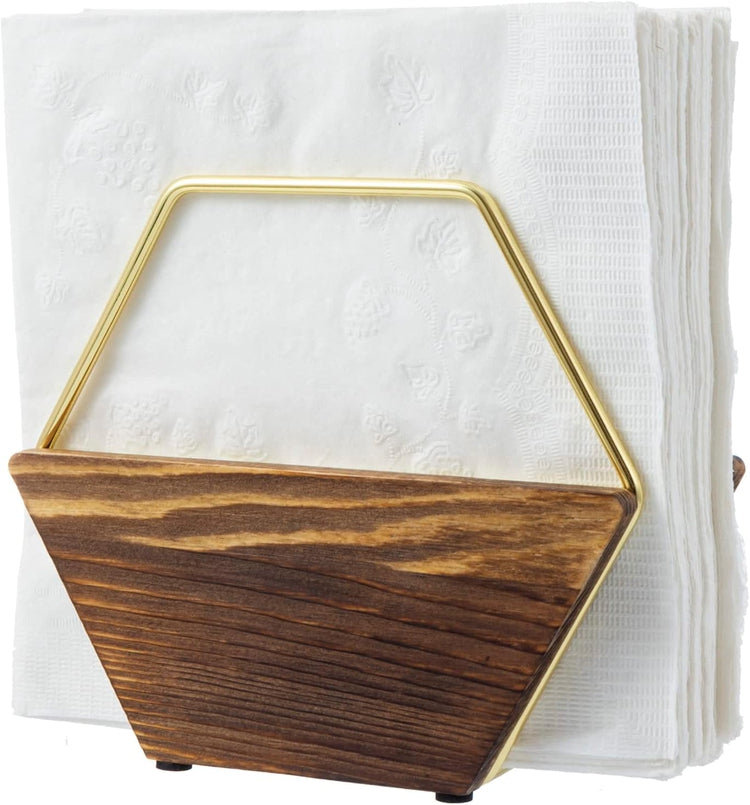 Hexagonal Burnt Wood Napkin Holder with Brass Tone Metal Wire Frame, Napkin and Cocktail Napkin Dispenser Rack-MyGift