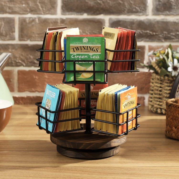 Black Metal Wire Tea Bag Spinning Carousel Basket, 6-Compartment Tea a ...