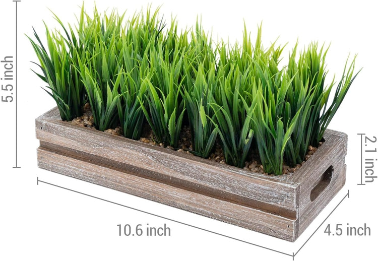 0.5 Inch Artificial Green Grass Plant in Brown Wood Planter Window Box, Tabletop Plant Container-MyGift