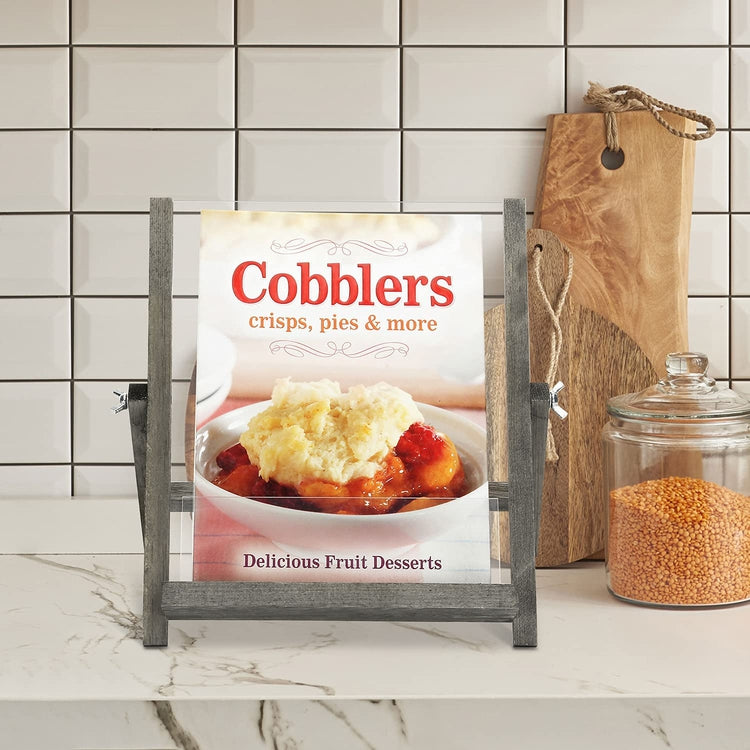 Gray Wood and Clear Acrylic Collapsible Cookbook Holder, Recipe Stand for Cookbooks, Tablets and Magazines-MyGift