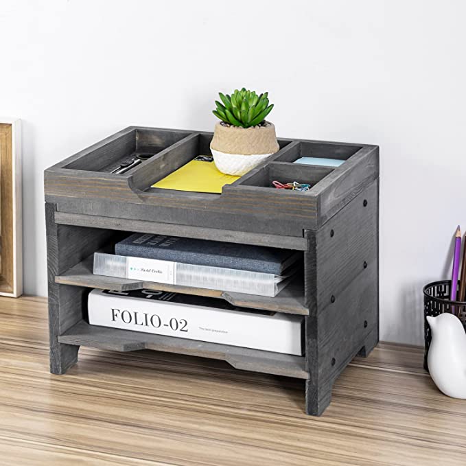 Gray Wood Desktop Paper Tray Document Organizer, Desk File Folder Holder Rack w/ 2 Compartments & Removable Office Supplies Tray-MyGift