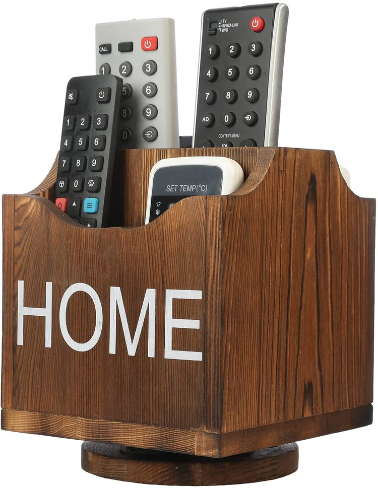 360-Degree Rotating Remote Control Caddy, Wooden Desktop Organizer with Burnt Wood Finish, White Stenciled HOME-MyGift